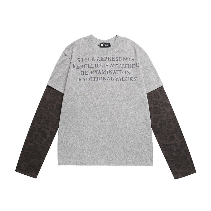 Damen Lagen-Langarmshirt mit Kontrastärmeln im Leo-Muster und Statement-Print Shop Nory