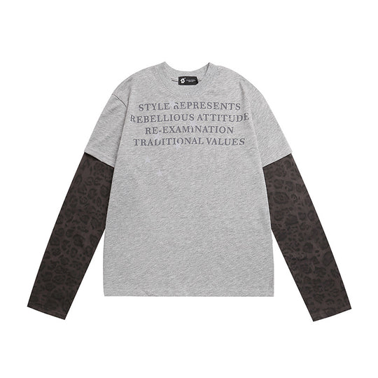 Damen Lagen-Langarmshirt mit Kontrastärmeln im Leo-Muster und Statement-Print Shop Nory