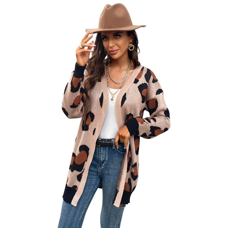 Damen Longline Cardigan im Leo-Jacquard mit offener Front und Rippbündchen Shop Nory