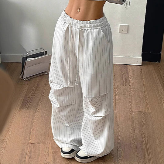 Damen Weite Nadelstreifen-Loungehose mit hohem Gummibund und Tunnelzug Shop Nory