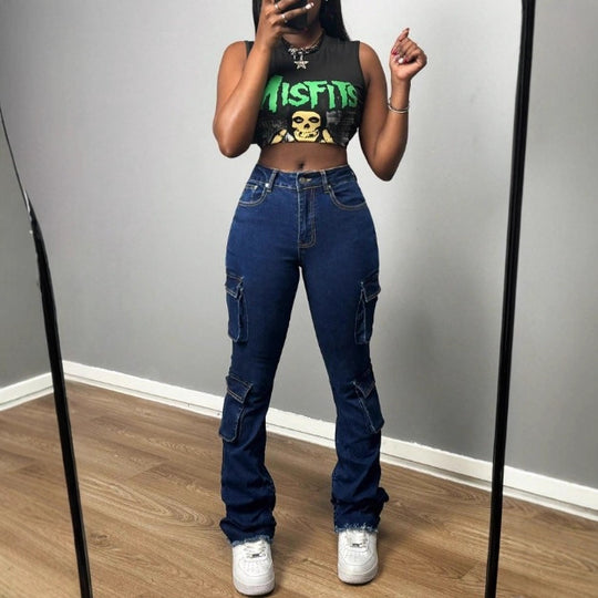Damen Hochtaillierte Cargo-Jeans mit Mehrfach-Pattentaschen & ausgestelltem Saum Shop Nory