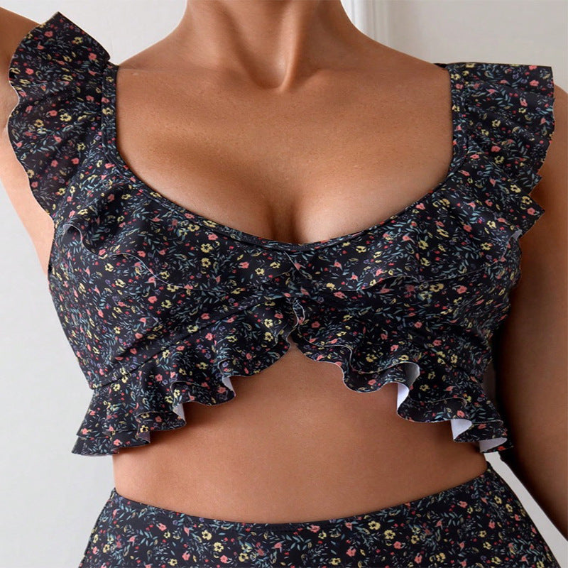 Damen Hochgeschnittener Bikini mit floralem Rüschendesign