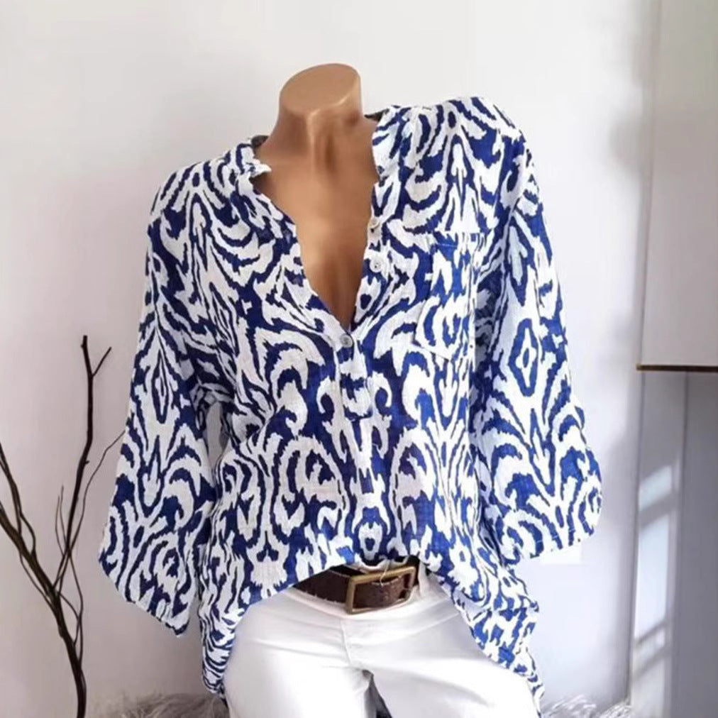 Damen nan locker geschnittene Tunika-Bluse mit Ikat‑Muster, V‑Ausschnitt und Dreiviertelärmeln Shopnory
