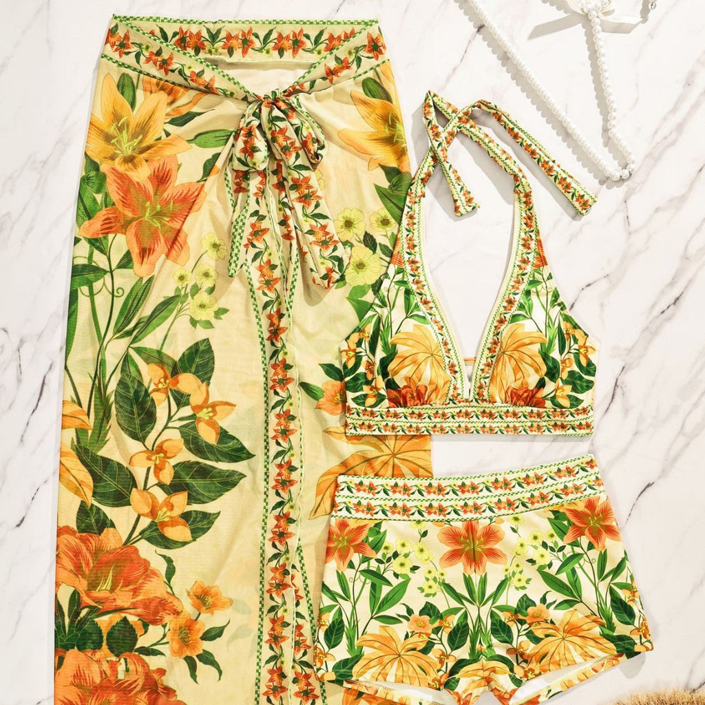 Damen Bikiniset mit floralem langen Überwurf