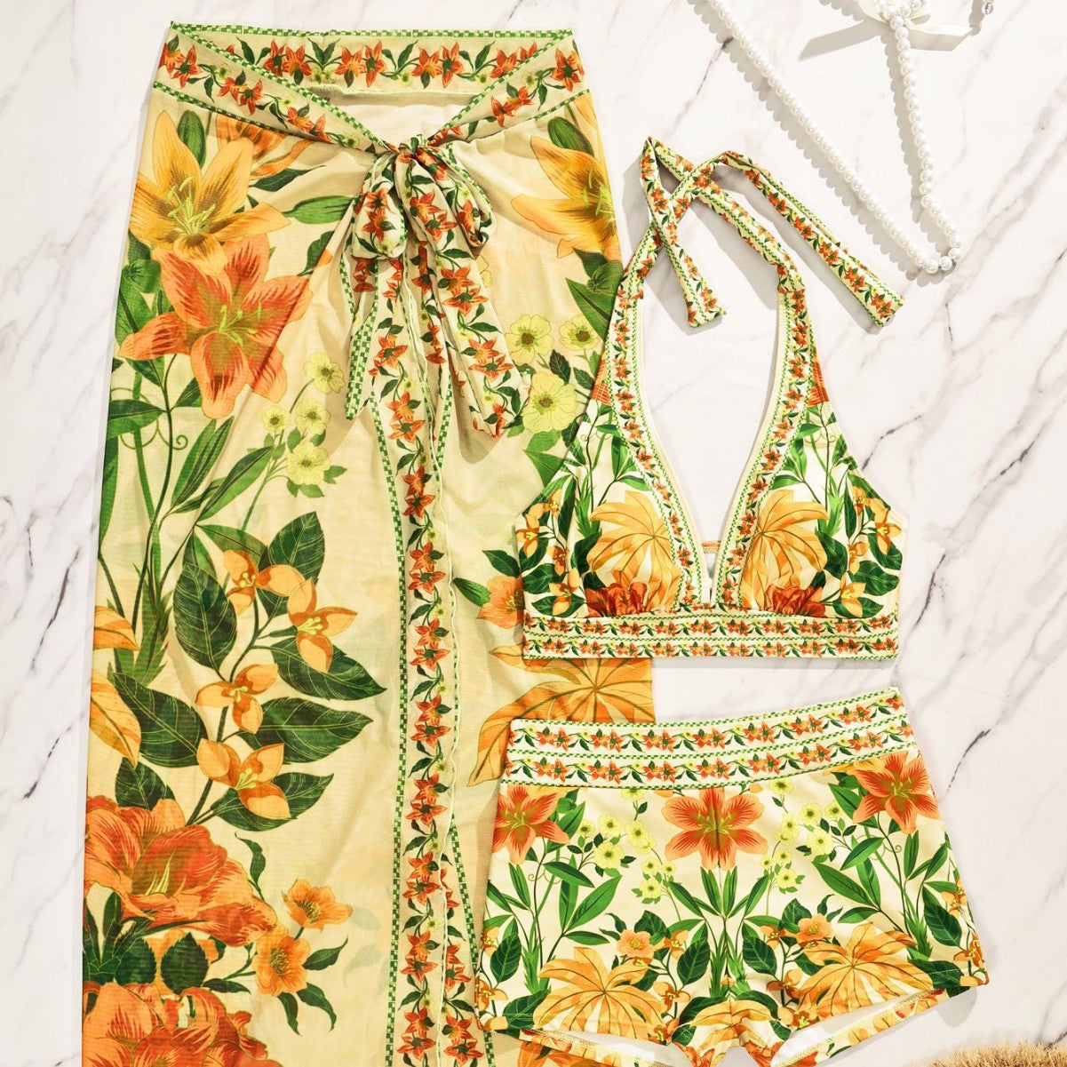Damen Bikiniset mit floralem langen Überwurf