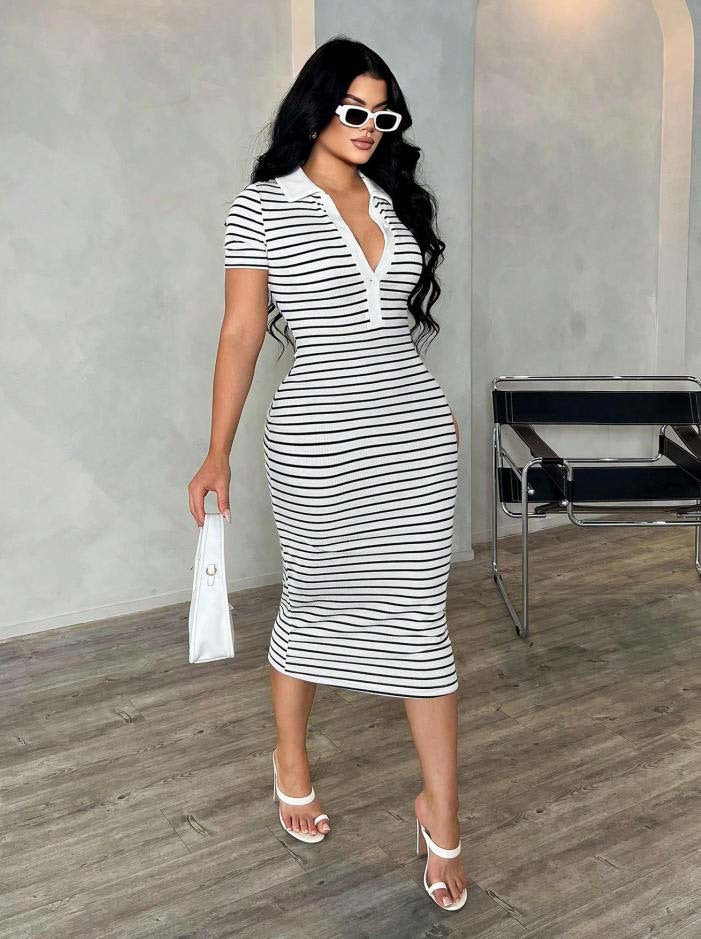 Damen Figurbetontes Polokleid im Streifen‑Look aus Rippstrick mit kurzem Ärmel Shop Nory