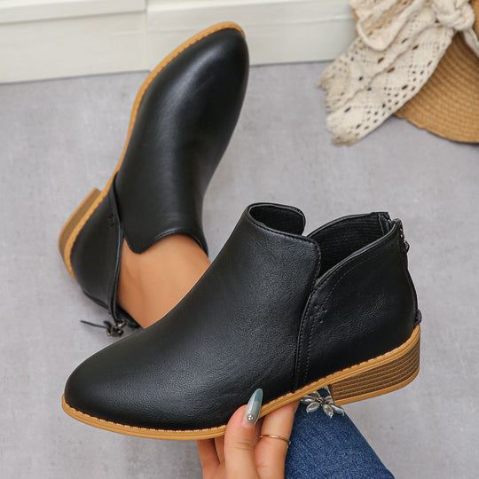 Damen nan knöchelhohe Stiefelette mit V-Ansatz, hinterem Reißverschluss-Quaste und gestapeltem Blockabsatz