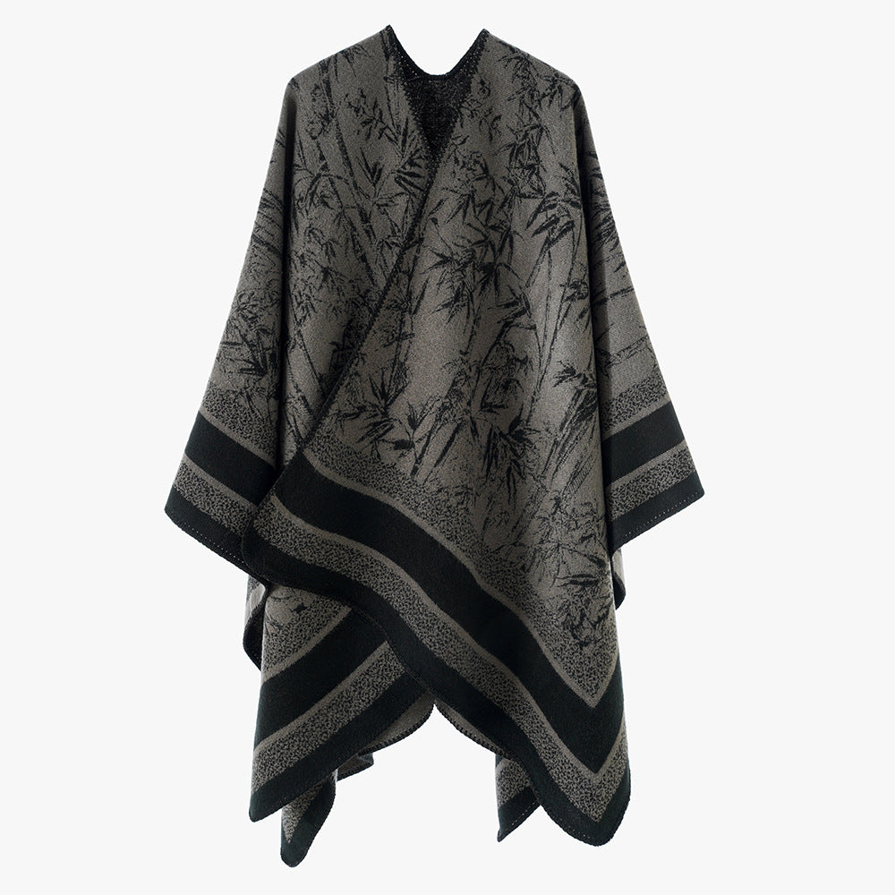 Damen Grobgewebter Jacquard-Capeponcho mit Bambusmotiv und asymmetrischem Zipfelsaum Shop Nory