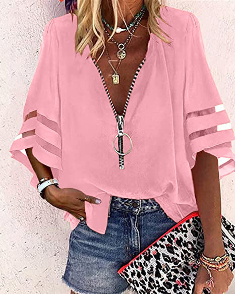 Damen V‑Ausschnitt Bluse mit dekorativem Ringreißverschluss und Cut-Out-Ärmeln Shop Nory