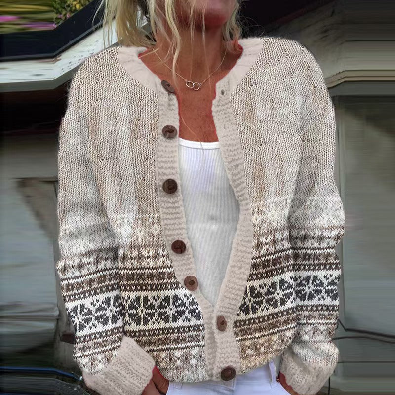 Damen nan gemusterte Strickjacke mit Rundpasse, Holzknöpfen und Eingrifftaschen Shop Nory
