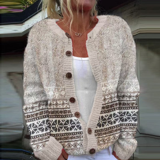 Damen nan gemusterte Strickjacke mit Rundpasse, Holzknöpfen und Eingrifftaschen Shop Nory