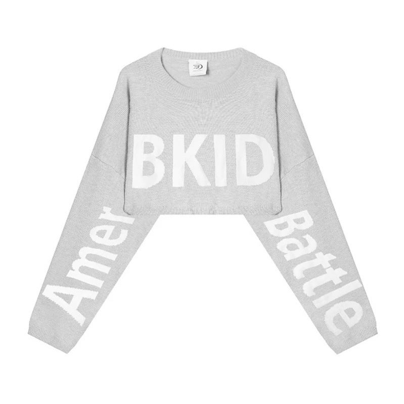 Damen Cropped Strickpullover mit weiten Raglanärmeln und Statement-Schriftzug Shop Nory