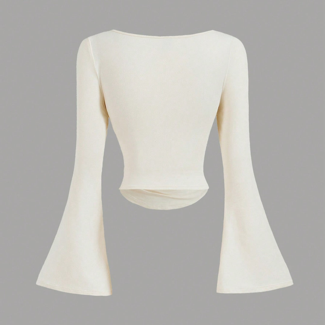 Damen Figurbetontes Langarmshirt mit Carmenausschnitt, gerafftem Rumpf und Trompetenärmeln Shop Nory
