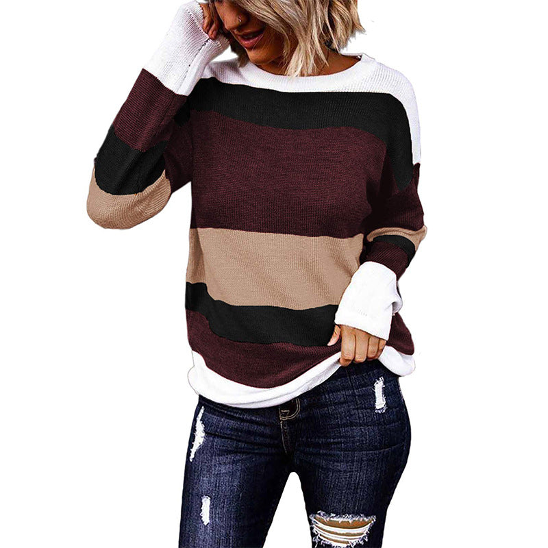 Damen Gestreiftes Langarm-Strickshirt mit Leoprint-Einsätzen und Rundhalsausschnitt Shop Nory