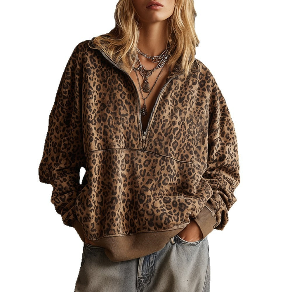 Damen Oversize Sweatshirt mit halbem Reißverschluss und Leo-Print Shop Nory