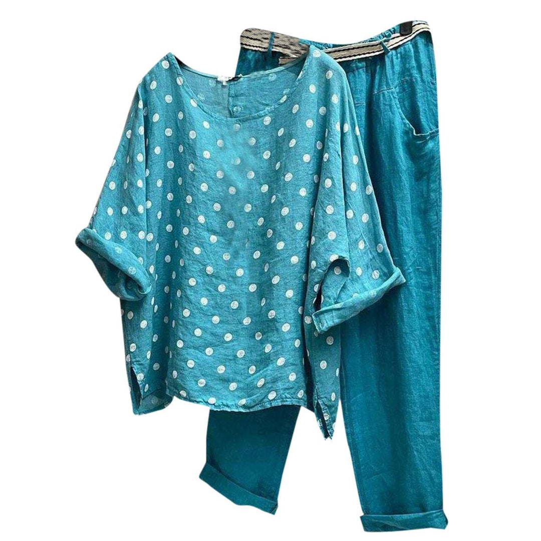 Damen Kombination aus leichten Rundhalsbluse mit Punkten und bequemen Hose