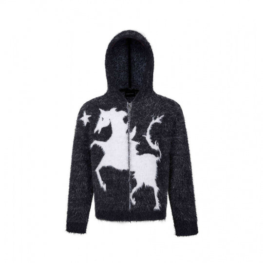 Unisex Flauschiger Kapuzenpullover mit Einhorn-Motiv und durchgehendem Reißverschluss Shop Nory