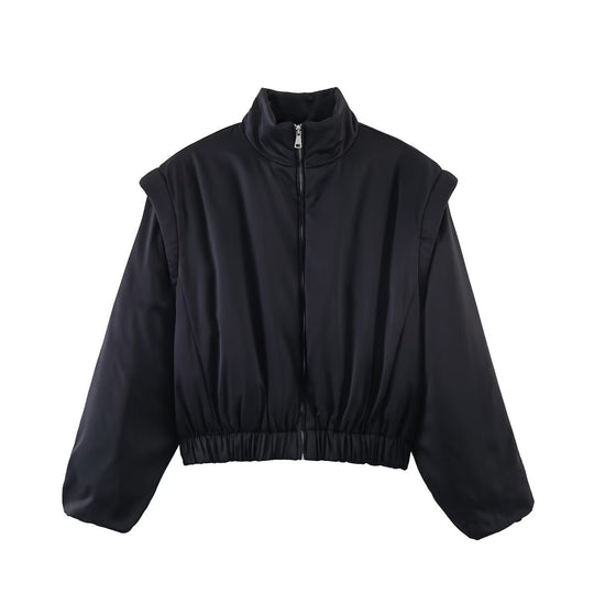 Damen Cropped Blousonjacke mit hohem Stehkragen, elastischem Saum und voluminösen Ärmeln Shop Nory