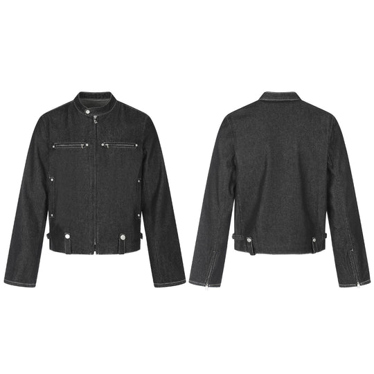 Herren Kurzer denim-inspirierter Worker-Blouson mit Stehkragen, Zipper-Brusttaschen und verstellbaren Taillenriegeln Shop Nory