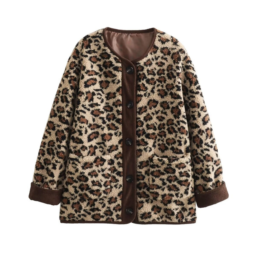 Damen Oversize Kunstfelljacke im Leo‑Muster mit Cordbesatz und aufgesetzten Taschen Shop Nory