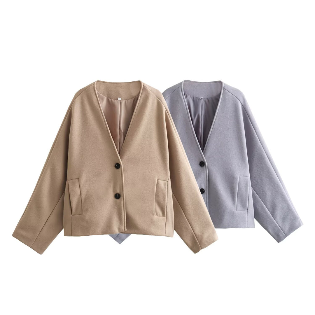 Damen Kurzjacke im Boxy‑Cut mit V‑Ausschnitt und Wollmix Shop Nory