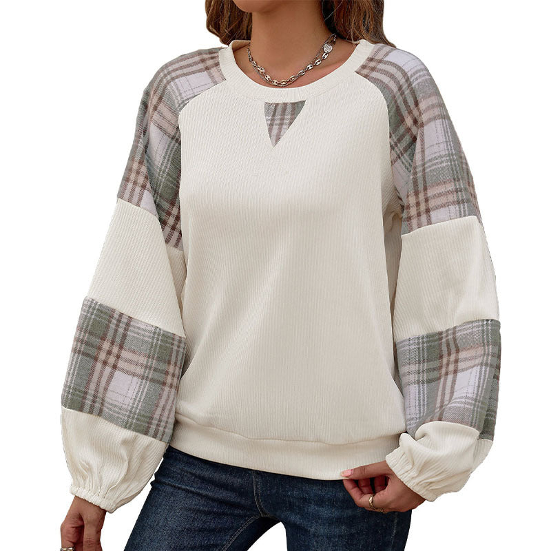 Damen Legeres Raglan-Sweatshirt mit karierten Ballonärmeln, Keyhole-Ausschnitt & gerafften Bündchen Shop Nory