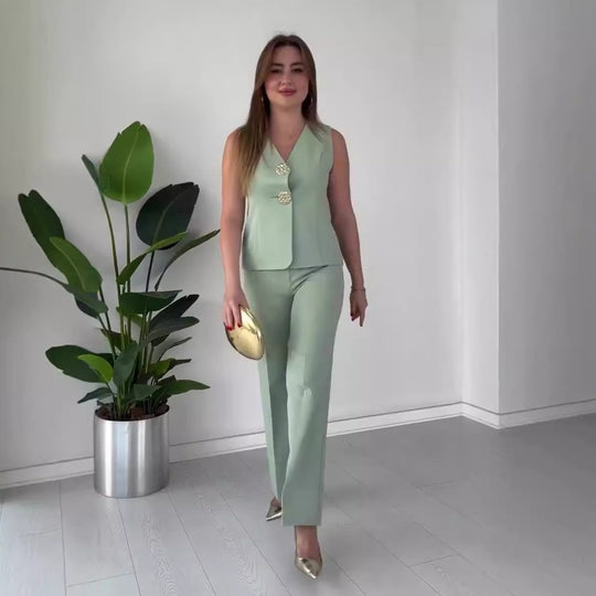 Damen Ärmelloses Tailoring-Set mit taillierter Weste, Zierknöpfen und weiter Palazzo-Hose Shop Nory