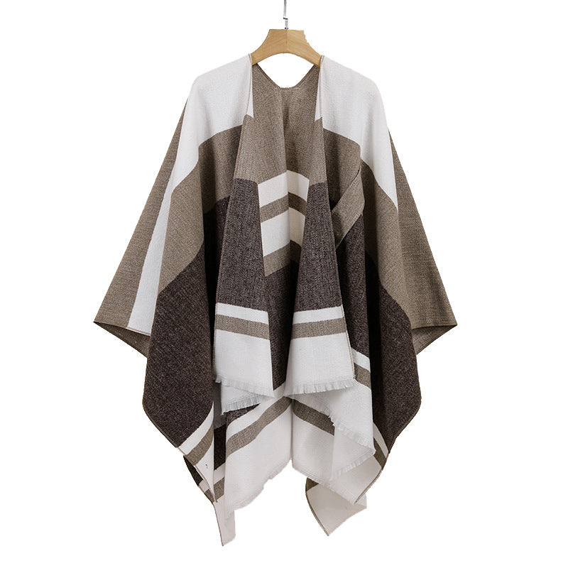 Damen Leichter Capeponcho aus Feinstrick mit geometrischem Blockstreifen-Design Shop Nory