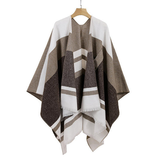 Damen Leichter Capeponcho aus Feinstrick mit geometrischem Blockstreifen-Design Shop Nory