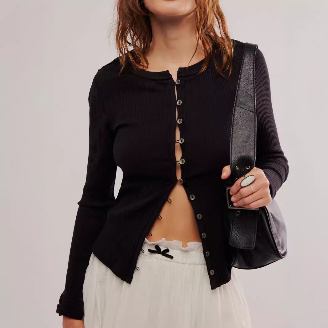 Damen gerippte taillenbetonte Knopf-Strickjacke mit Rundhals Shop Nory