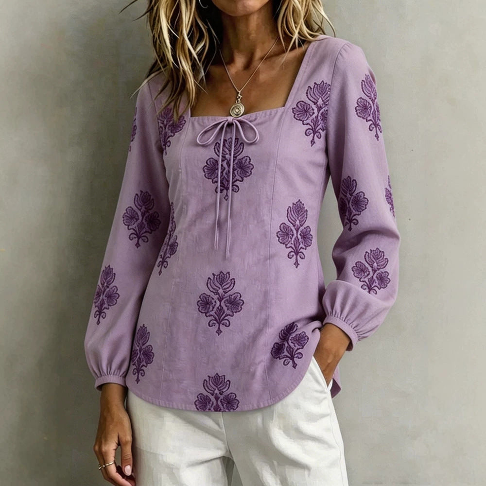 Damen Bestickte Tunika-Bluse mit quadratischem Ausschnitt und femininen Ballonärmeln Shop Nory