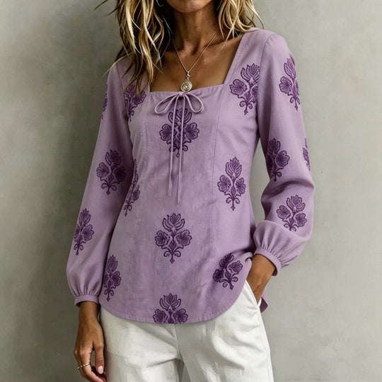 Damen Bestickte Tunika-Bluse mit quadratischem Ausschnitt und femininen Ballonärmeln Shop Nory
