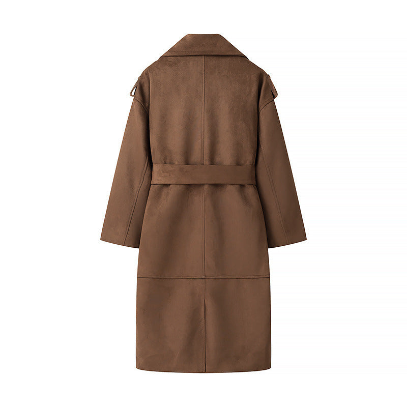 Damen Langer Oversize-Veloursleder-Trenchcoat mit Bindegürtel und Schulterriegeln Shop Nory