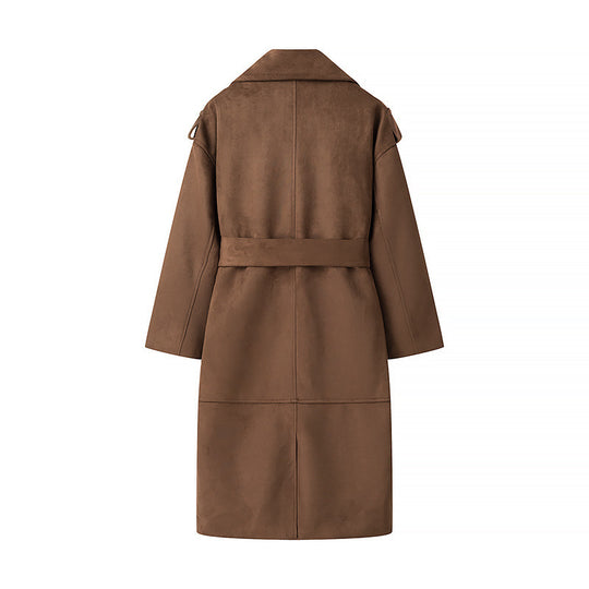 Damen Langer Oversize-Veloursleder-Trenchcoat mit Bindegürtel und Schulterriegeln Shop Nory