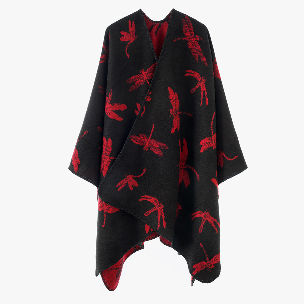 Damen Wollmix-Poncho mit Libellen-Jacquard und offenem Wasserfall-Schnitt Shop Nory