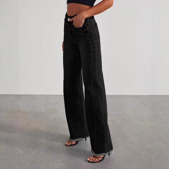 Damen Hochbund-Jeans mit weitem Bein und ausgefranstem Saum Shop Nory