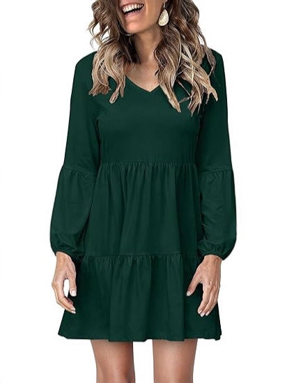 Damen Stufiges Mini-Kleid mit V-Ausschnitt und Ballonärmeln Shop Nory