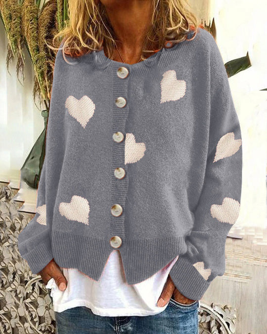 Damen Geknöpfter Oversize-Strickcardigan mit Herz-Jacquard und Perlmuttknöpfen Shop Nory