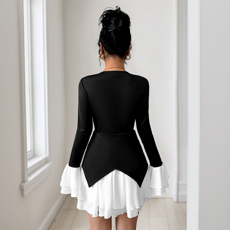 Damen Zweiteiliges Mini-Kleid mit tailliertem Wickeloberteil und Volant-Ärmeln Shop Nory