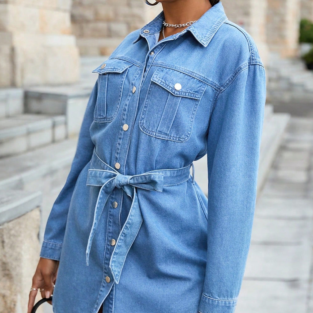Damen taillenbetontes Denim-Hemdkleid mit Bindegürtel und Druckknopfleiste Shop Nory