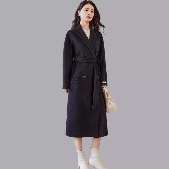 Damen Wollmantel mit Bindegürtel und weitem Revers Shop Nory