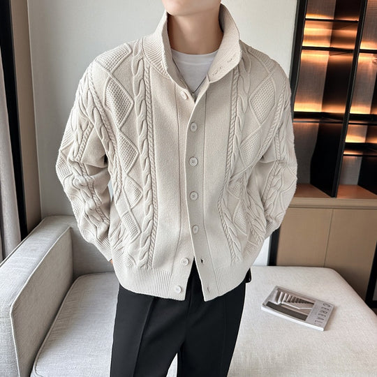 Herren Zopfmuster-Cardigan mit hohem Kragen, grober Strickoptik und durchgehender Knopfleiste Shop Nory