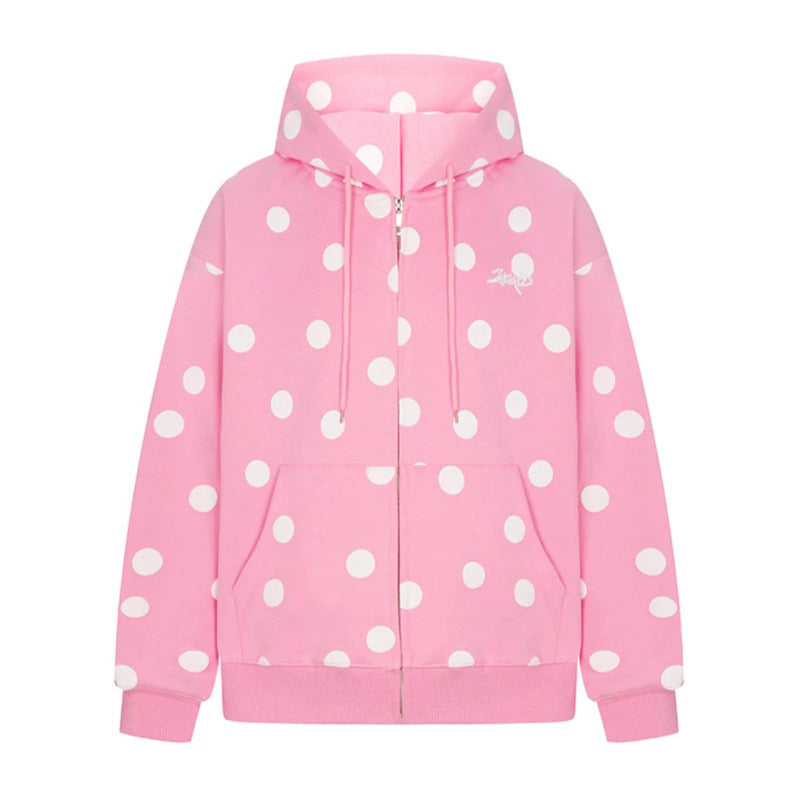 Damen Kapuzen-Sweatjacke mit durchgehendem Reißverschluss, Oversize-Schnitt und Polka-Dot-Print Shop Nory