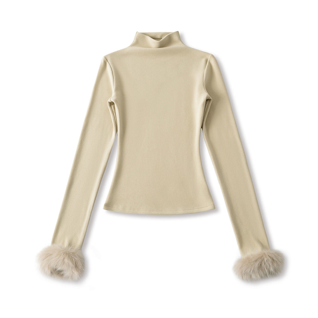 Damen Eng anliegendes Rollkragen-Top mit Kunstfellmanschetten Shop Nory