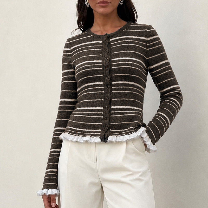 Damen Feinstrick-Buttoncardigan mit Streifen, Rüschenbesatz & taillierter Passform Shop Nory
