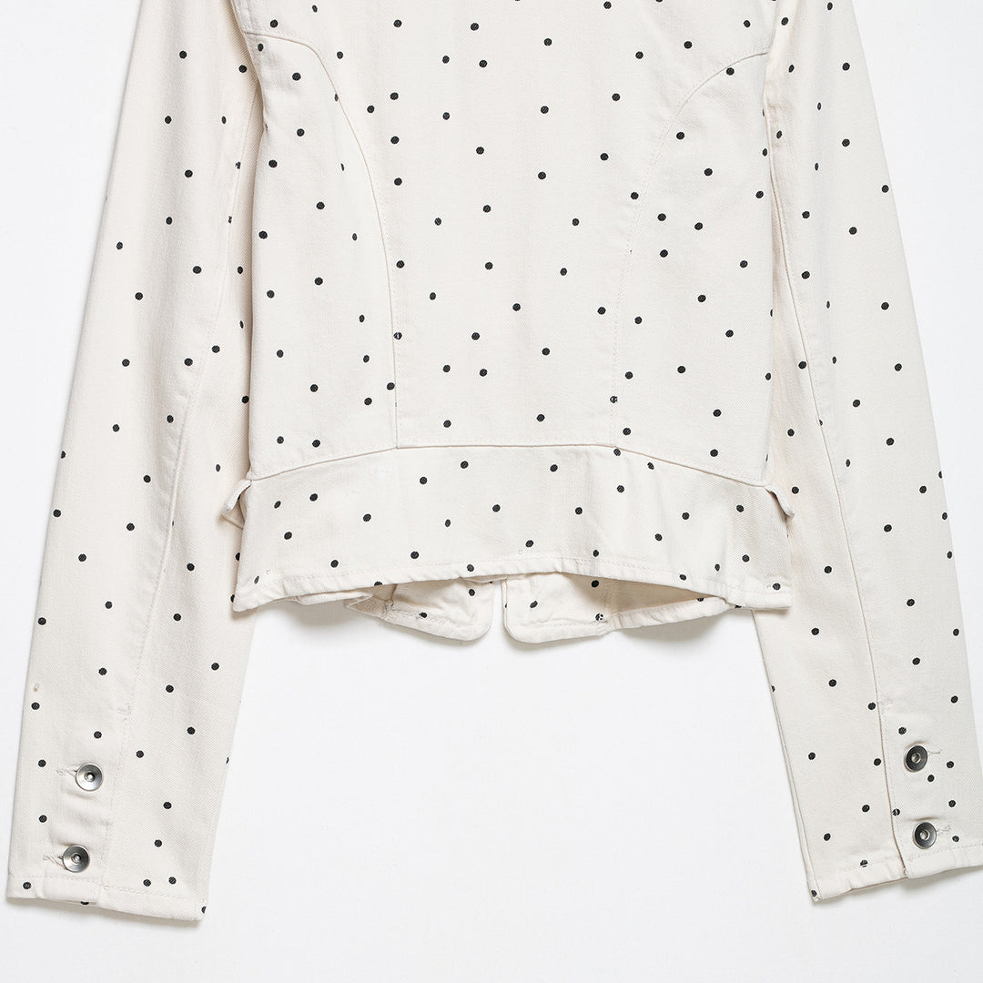 Damen Gepunktete Cropped Jeansjacke mit Stehkragen, Reißverschluss und Pattentaschen Shop Nory