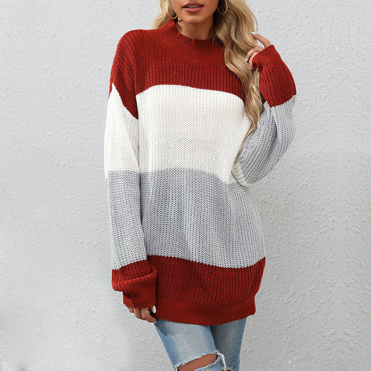 Damen Strickpullover mit Blockstreifen und Stehkragen Shop Nory