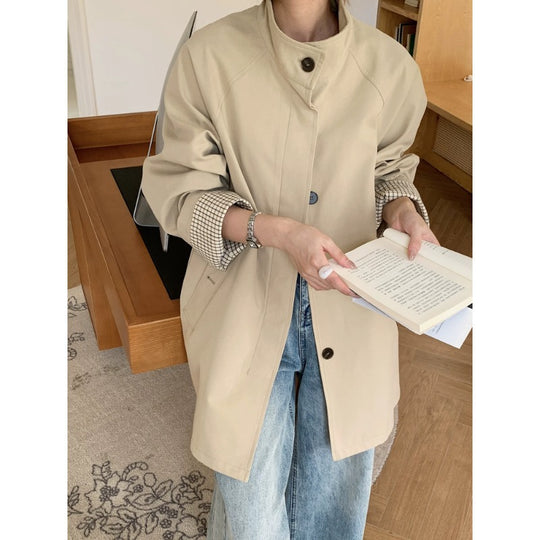 Damen Oversize-Mantel mit Stehkragen und kariertem Ärmelsaum Shop Nory