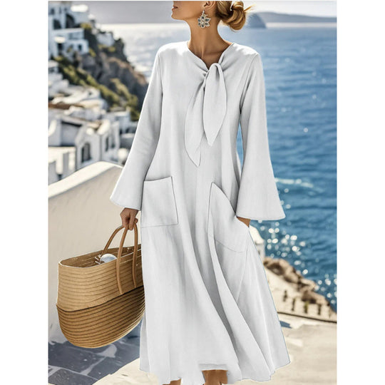 Damen Leichtes Maxikleid mit Bindeschleife, Glockenärmeln und aufgesetzten Taschen Shop Nory