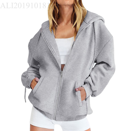 Damen nan lässige Zip-Hoodie-Jacke im Boxy-Cut mit überschnittener Schulter, verdecktem Tunnelzug und großen Kängurutaschen Shop Nory